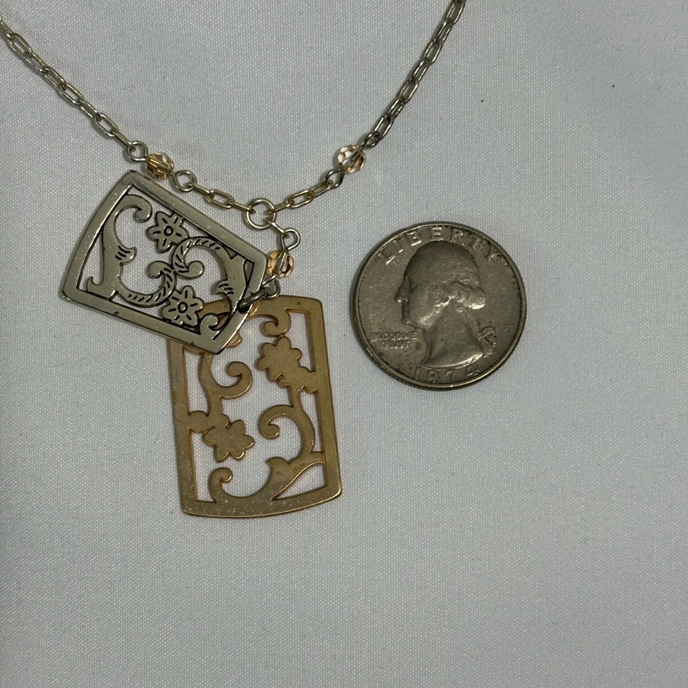 Brighton Two Toned Gold & Silver Plated Floral Dog Tag 18-20” Necklace with Gems - Picture 4 of 4